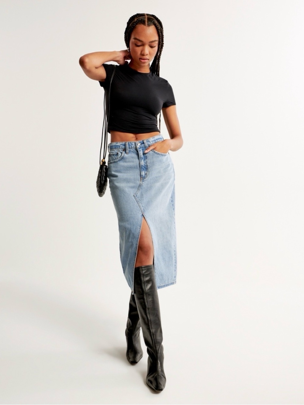 Abercrombie & Fitch Light Blue Denim Midi Skirt with Front Slit
